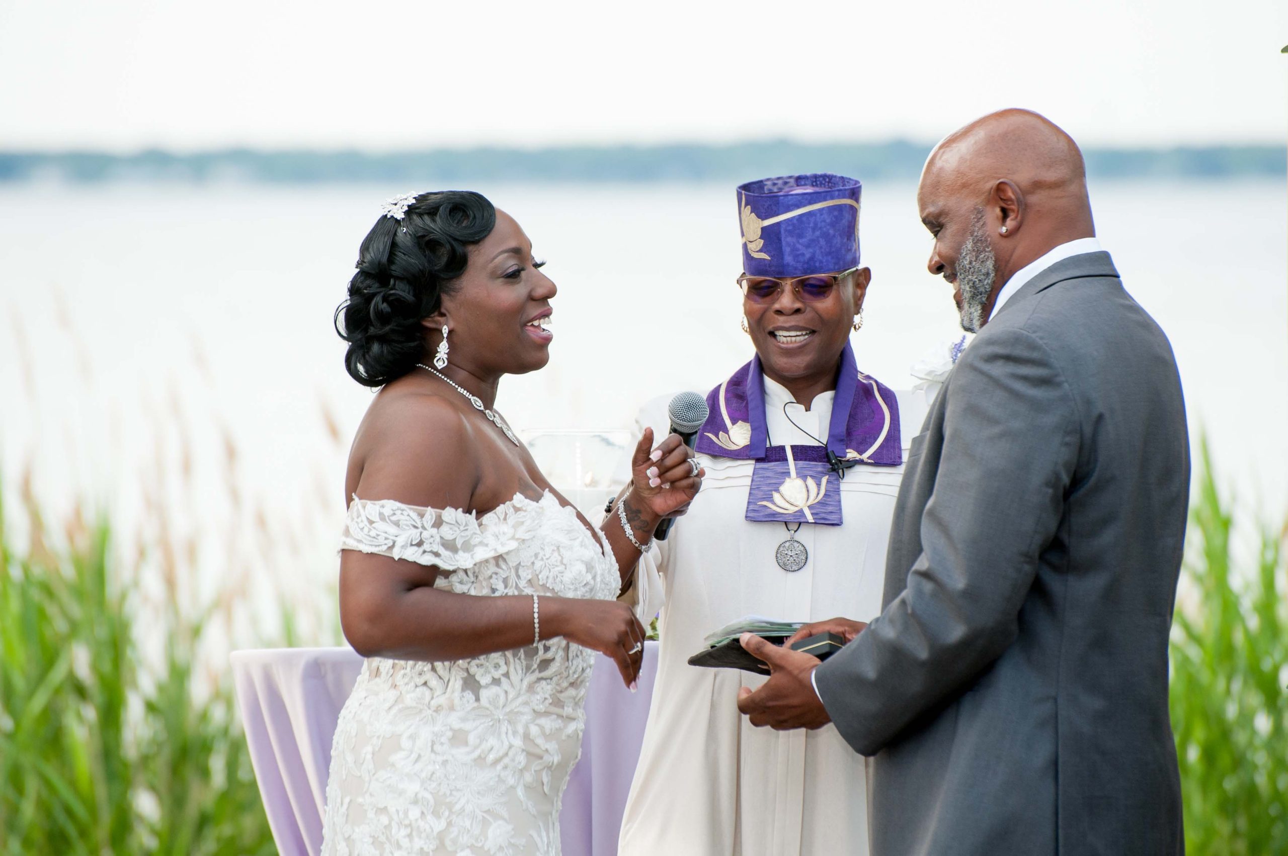 Black couple’s wedding at Herrington on the Bay, officiated by award-winning DC wedding officiant Starlene