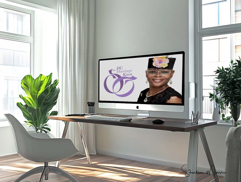 Desk setup featuring The DC Marriage Knot logo on a computer screen promoting the wedding officiant mentorship program.