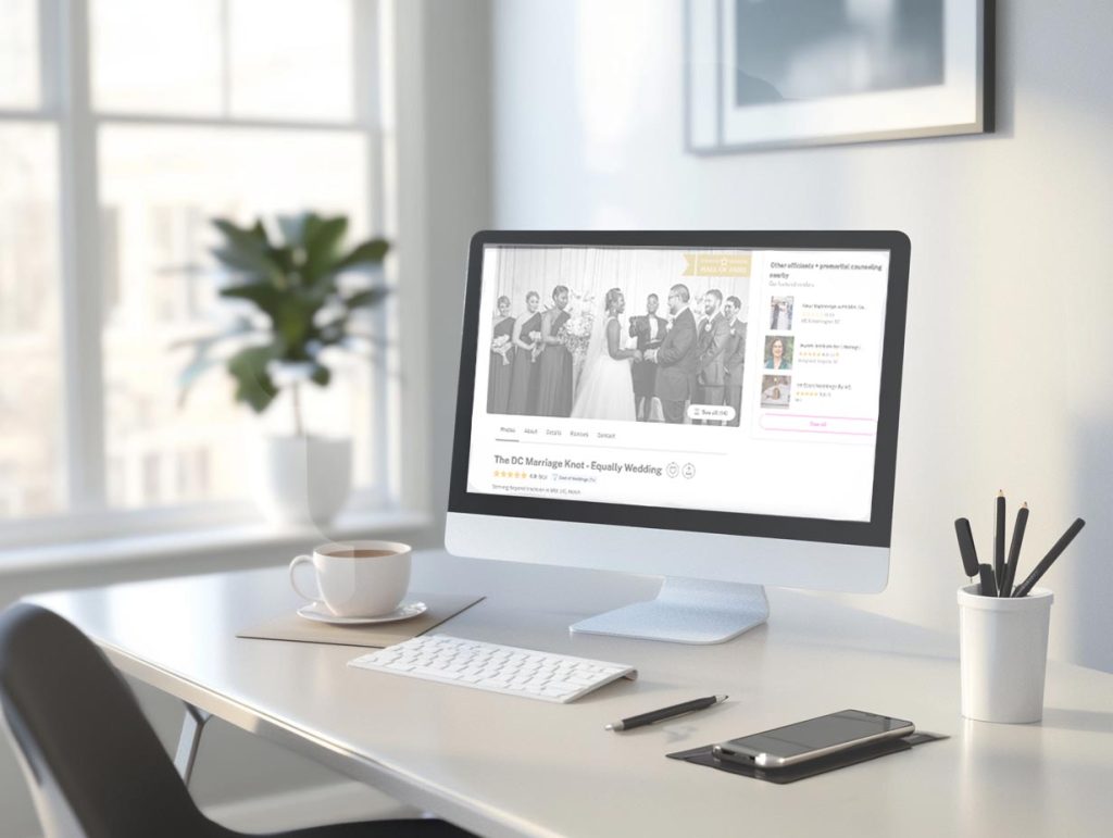 A computer screen displaying The DC Marriage Knot website, offering guidance on choosing the right wedding officiant.