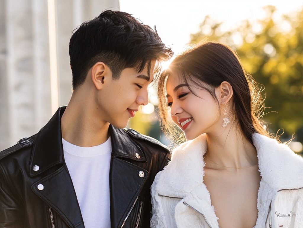 Stylish college-aged Asian couple from NYC eloping at the Jefferson Memorial in Washington, DC during golden hour, wearing high-end casual designer outfits