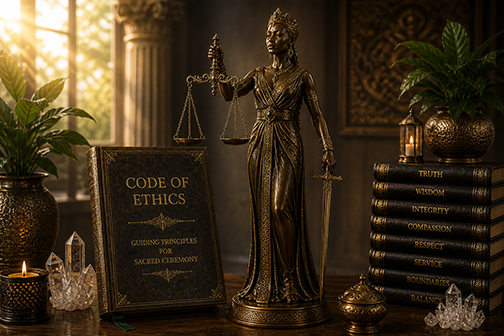 A symbolic illustration of Lady Justice holding scales and a sword, with an open book beneath—representing wisdom, balance, and sacred ethical service.